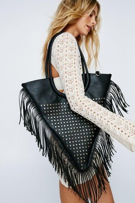 Womens Faux Leather Studded Fringe Day Bag