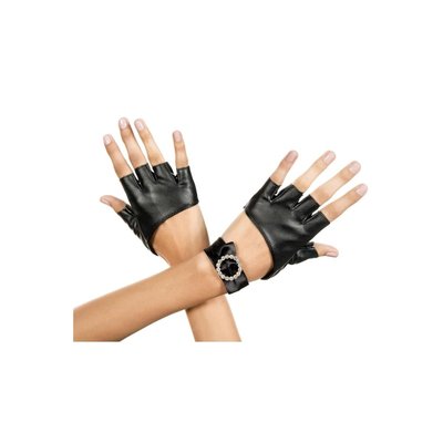 Metallic Fingerless Gloves with Rhinestone Wrist Band - Black