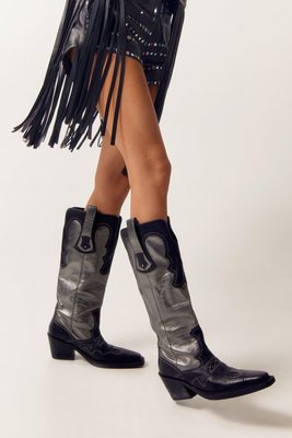 Womens Real Leather Metallic Color Block Cowboy Boots