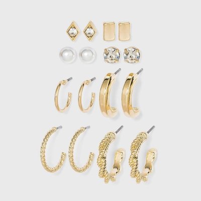 Multi Gold Hoops And Cubic Zirconia Stud Earring Set 8pc