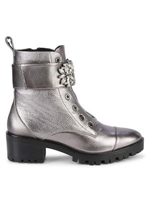 Karl Lagerfeld Paris Women's Pippa Jeweled Strap Metallic-leather Lug Boots
