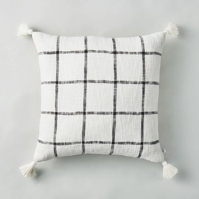 24x24 Woven Slub Checkered Throw Pillow With Tassels Cream/gray