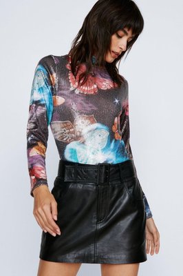 Womens Butterfly Printed Sequin Funnel Neck Bodysuit